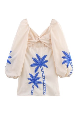Solid Long Sleeve Palm Tree Embroidered Dress