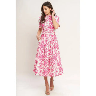 Pink Printed Woven Belted Midi Dress
