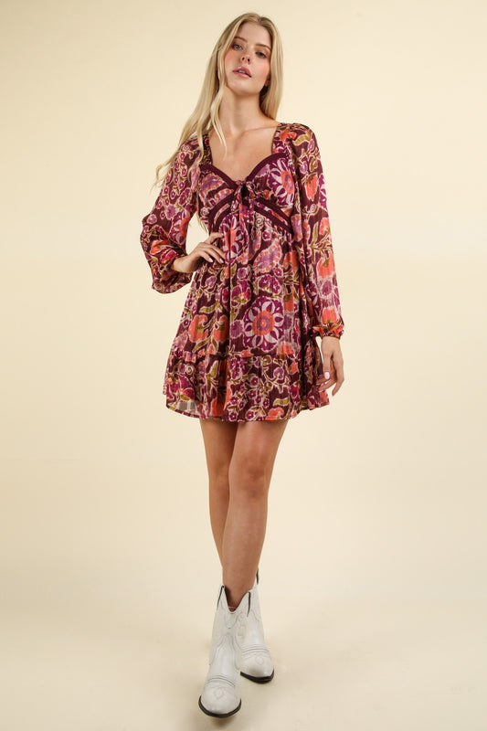 Lacetrim Detail Printed Holiday Mini Dress