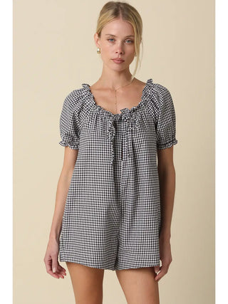 Kiley Gingham Puff-Sleeve Romper