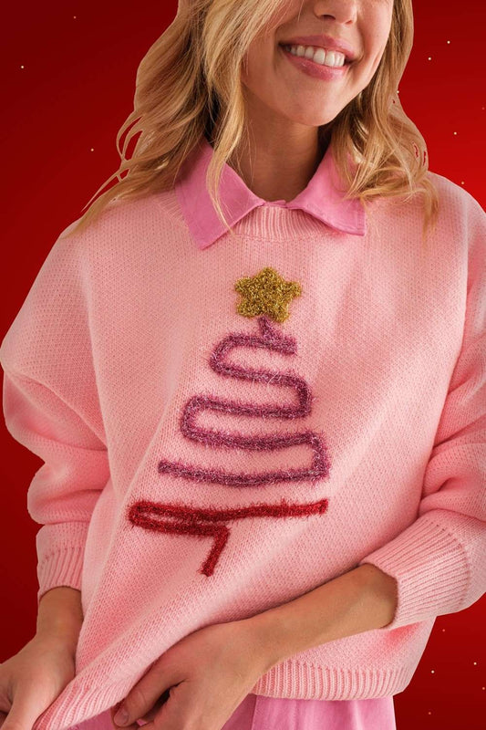 Pink Sparkle Christmas Tree Patch Solid Sweater