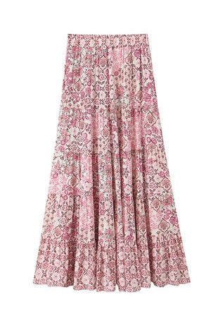 Pink Floral Print A-line Midi Skirt