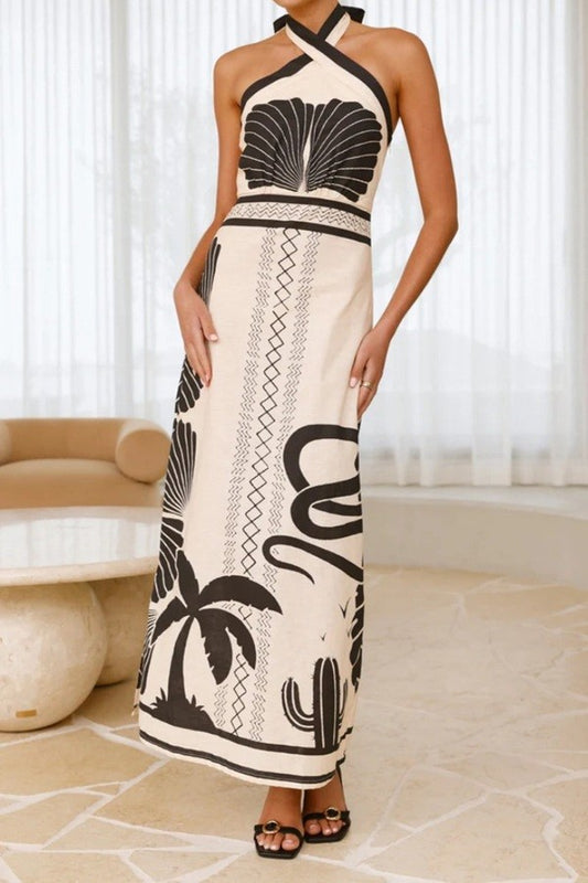 Printed Sleeveless Halter Neck Dress