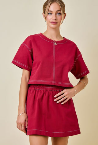 Maroon Denim Contrast Stitch Detail Top