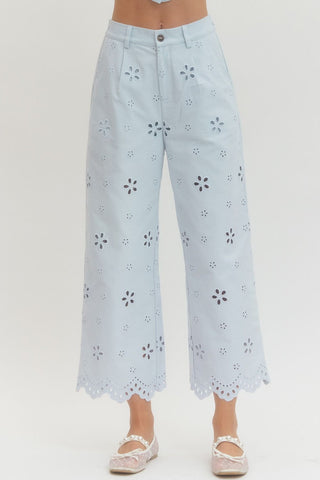 Light Blue Eyelet Wide-Leg Pants