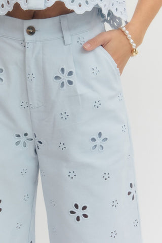 Light Blue Eyelet Wide-Leg Pants