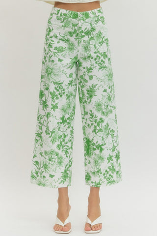 Green Floral Print Wide Leg Pant