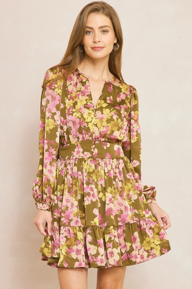 Floral Print Long Satin Cinched Waist Dress
