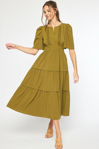 Olive Short Sleeve Tiered Maxi Dress