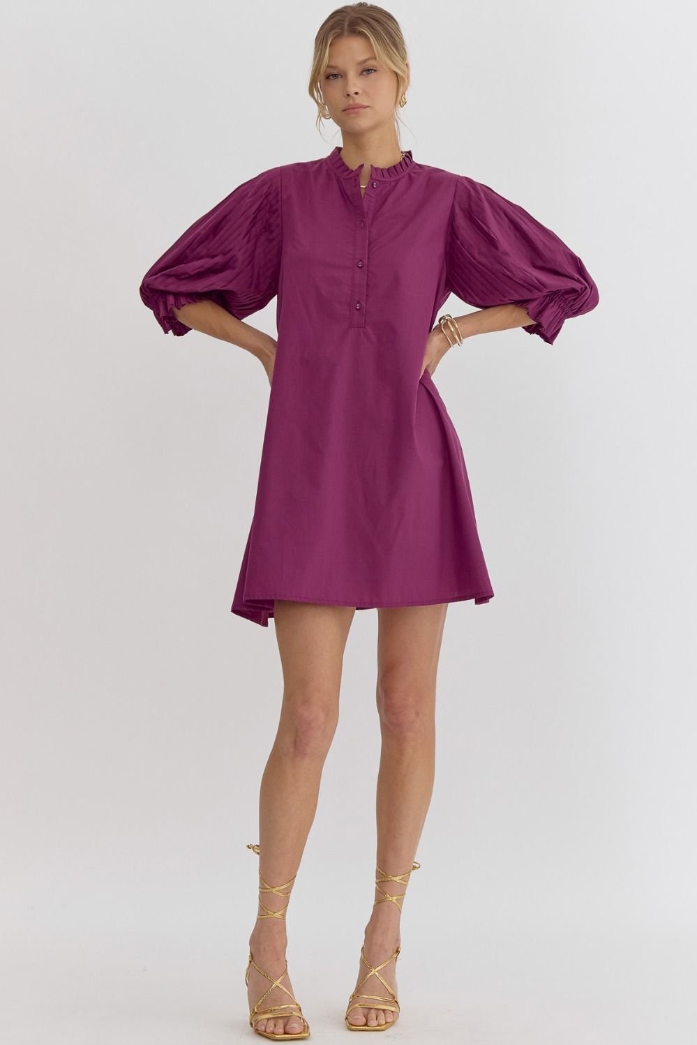 Plum Half Sleeve Button Detail Dress