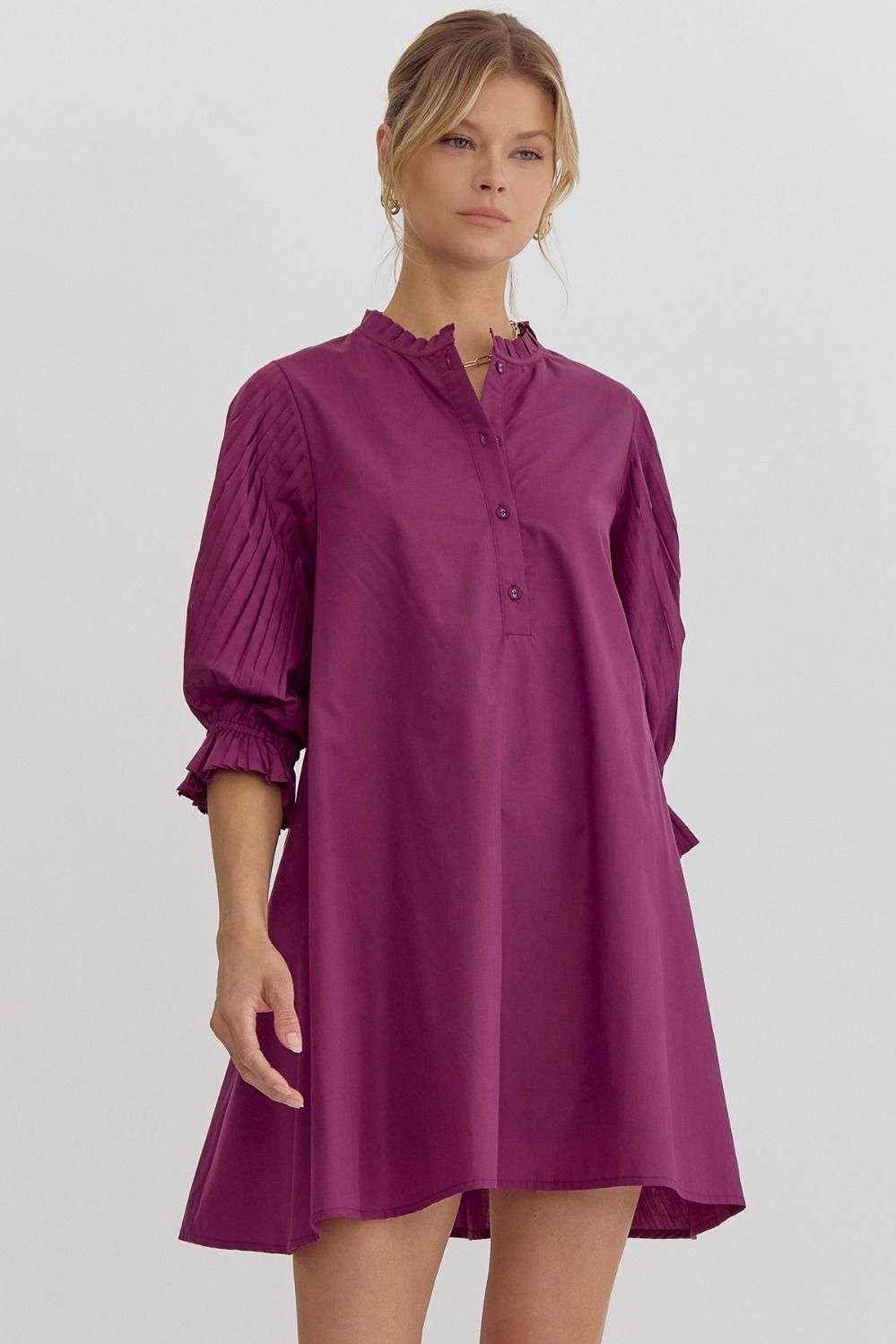 Plum Half Sleeve Button Detail Dress