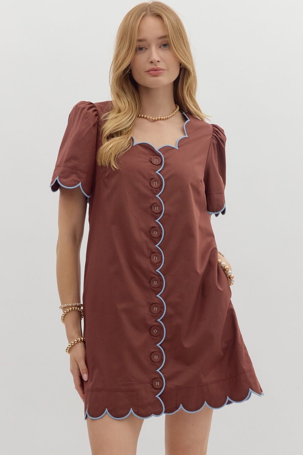 Brown and Blue Contrast Trim Dress