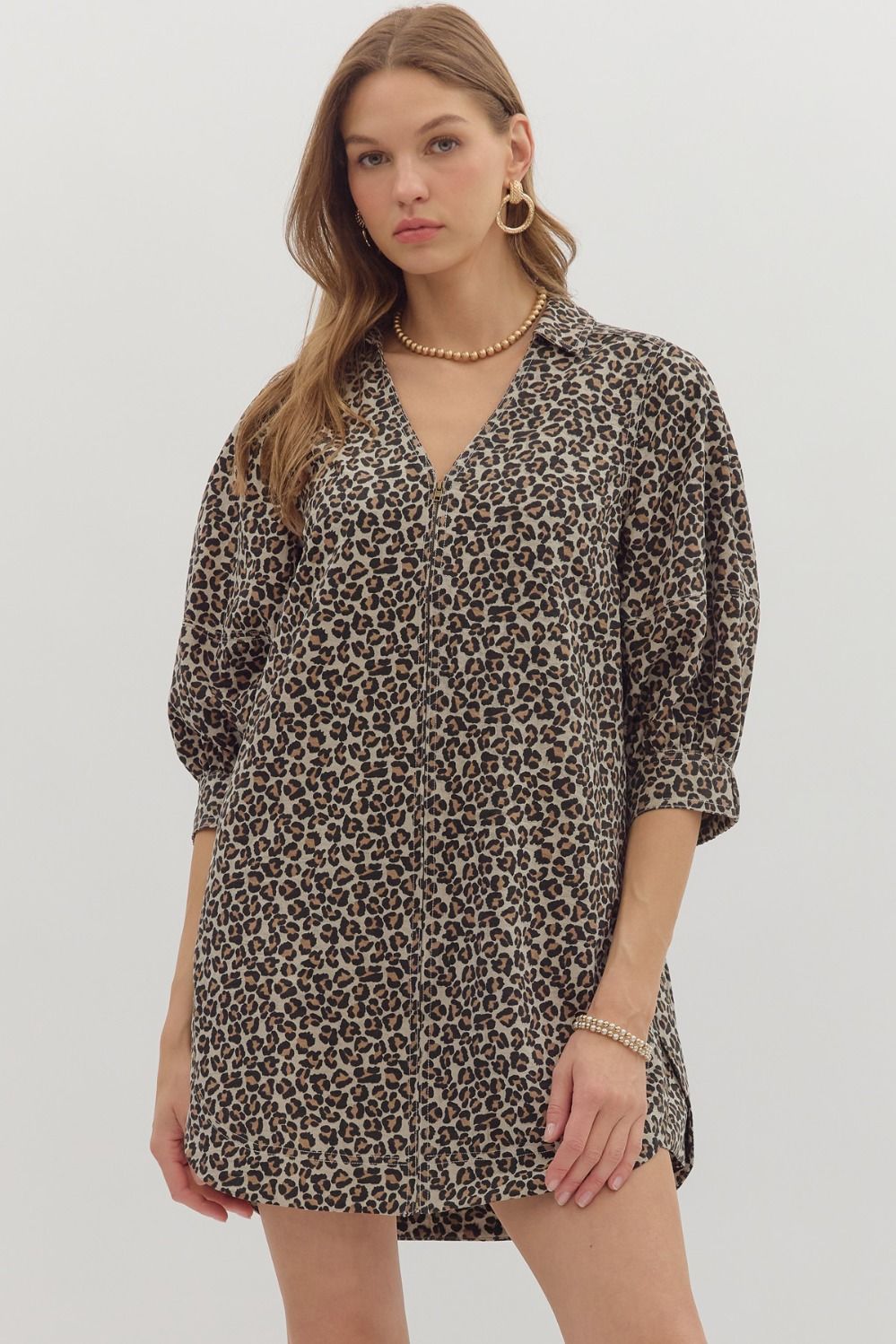 Leopard Pattern Cuff Band ¾ Puff Sleeve Dress