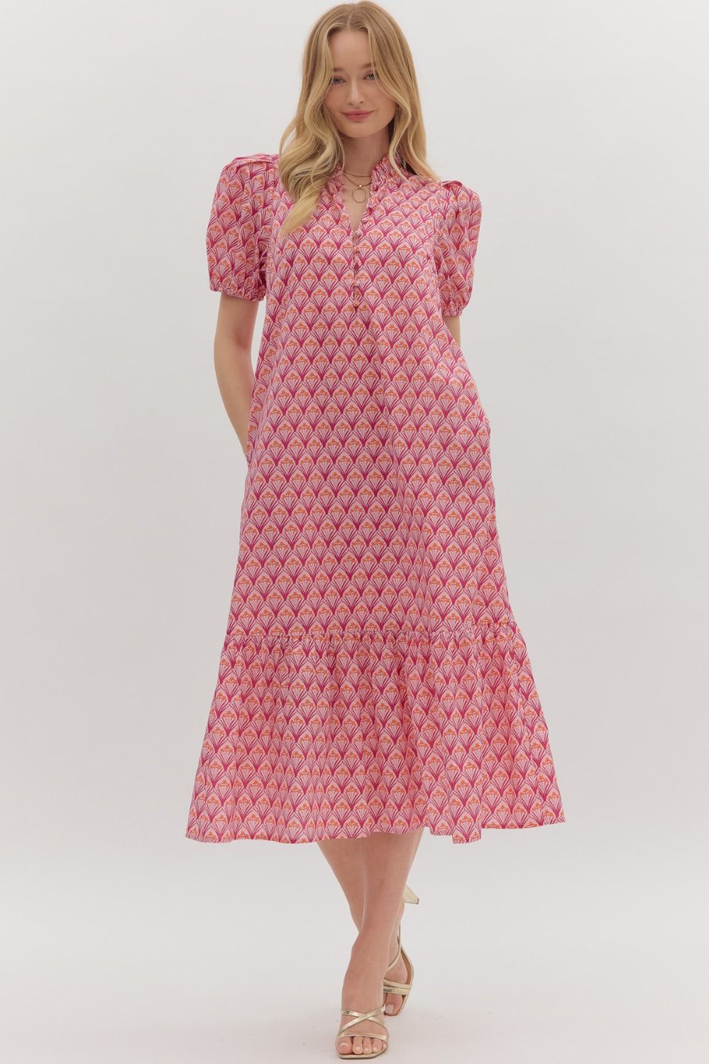 Pink Floral Print Ruffle Hem Midi Dress