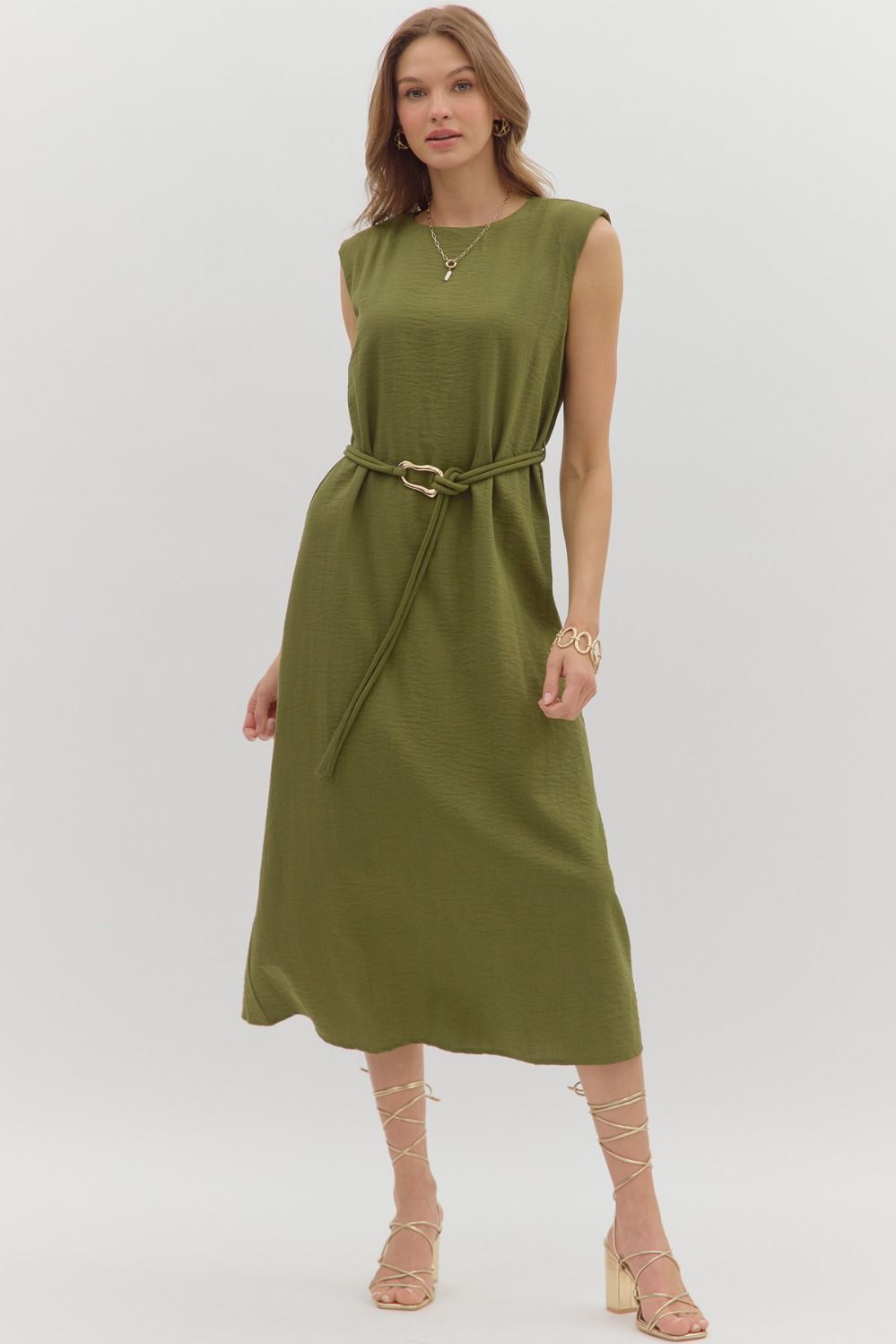 Olive Dress with Embellished Gold Belt