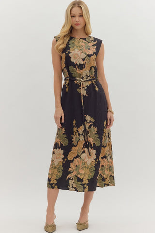 Black Floral Metal Tip Belt Dress