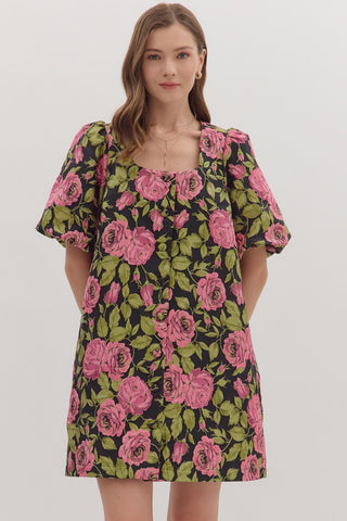 Black Floral Square Neck Dress