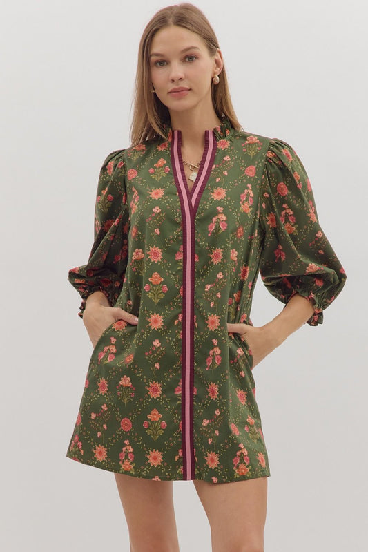 Green Floral Contrast Trim Dress