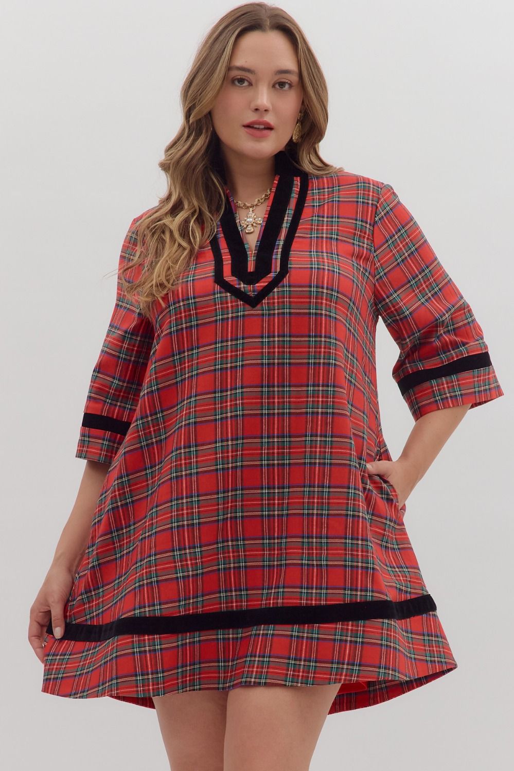 Plaid Velvet Trim Dress