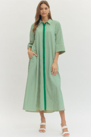 Green Striped 3/4 Sleeve Midi Dress