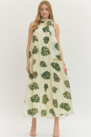 Leaf Print Halter Maxi Dress