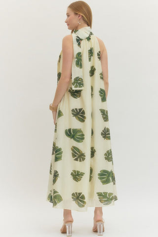 Leaf Print Halter Maxi Dress