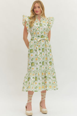 Printed Flutter Sleeve Midi Dress