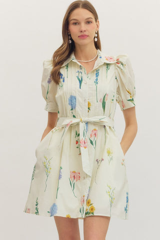 Belted Botanical Pleated Dress
