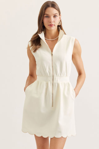 Scallop Stand Collar Zipper Front Dress