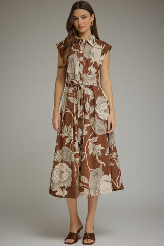 Floral Sleeveless Waist Tie Midi Dress