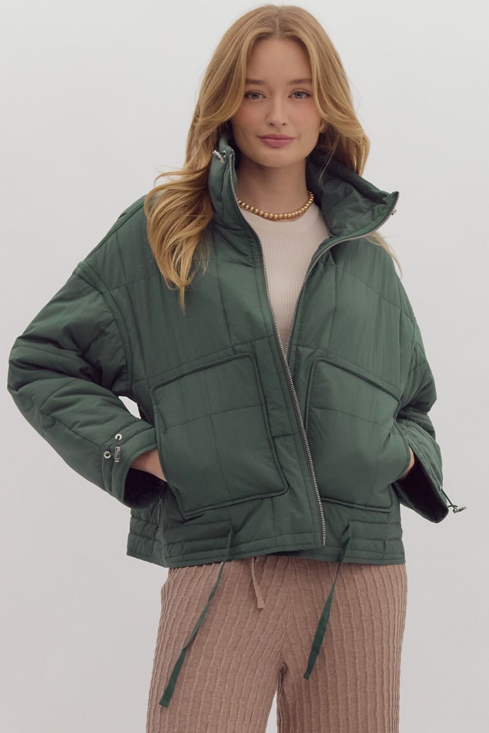 Green Quilted Zip Up Jacket