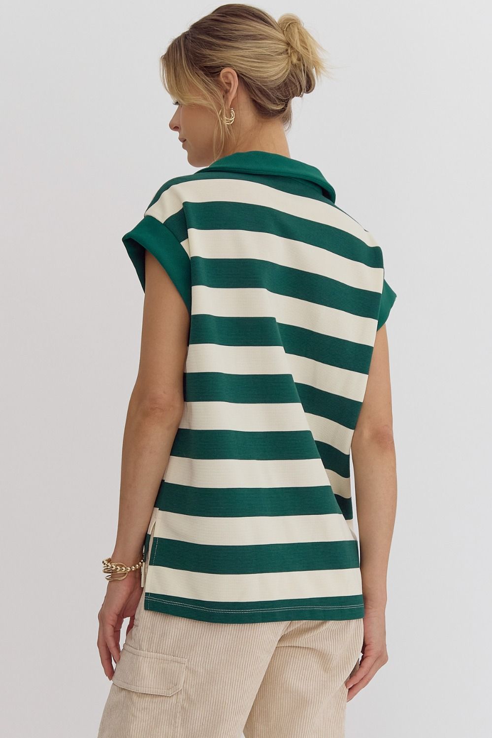 Stripe collared cap sleeve v-neck top