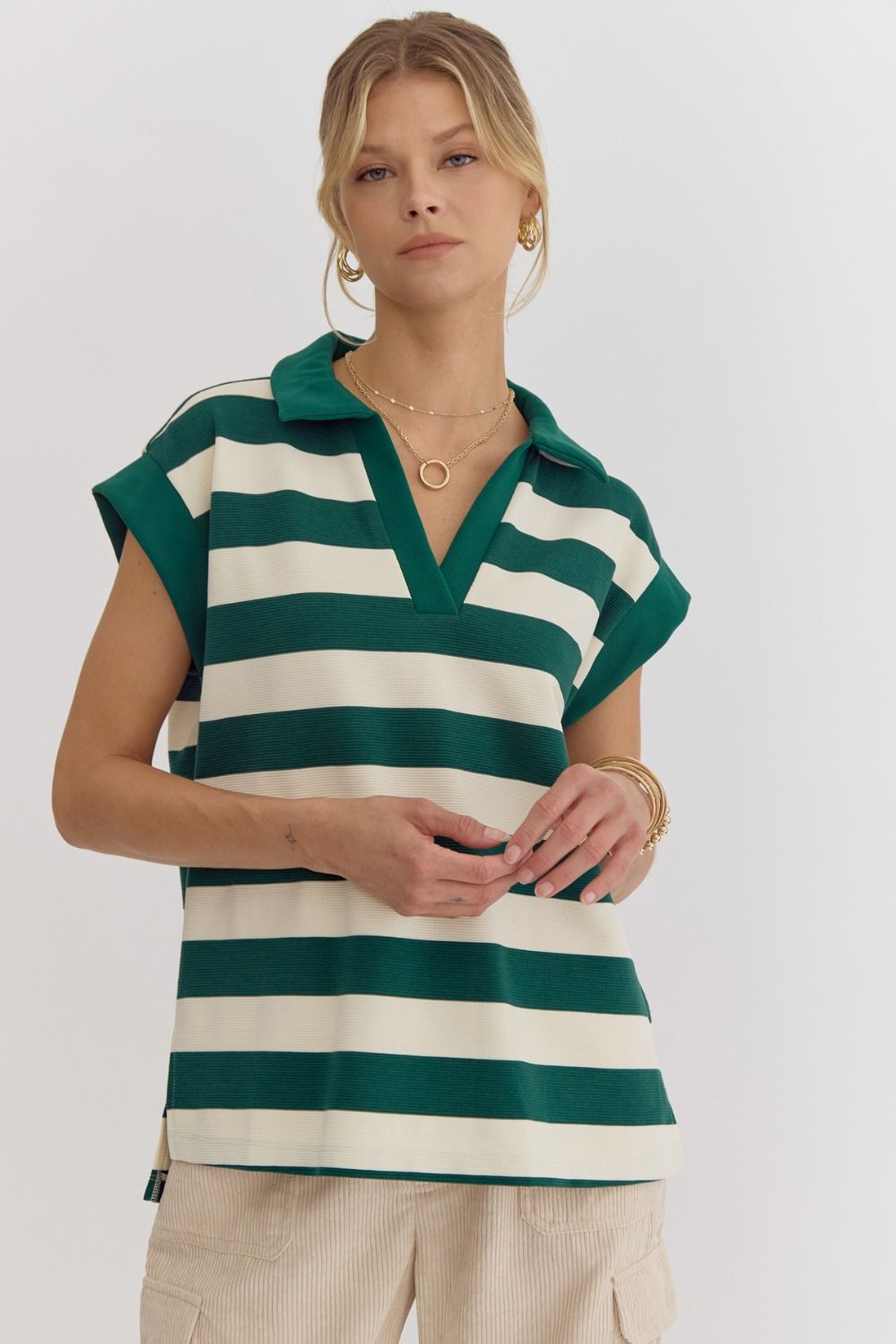 Stripe collared cap sleeve v-neck top