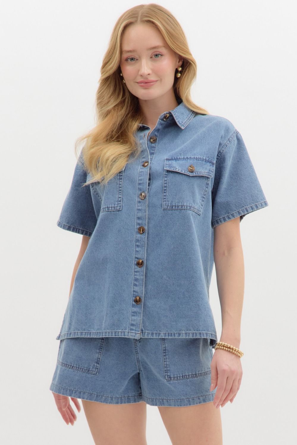 Denim Front Pocket Button Up Top