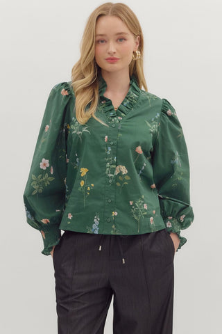 Green Floral Print Smocked Cuff Top