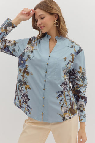 Blue Floral Accent Sleeves Top