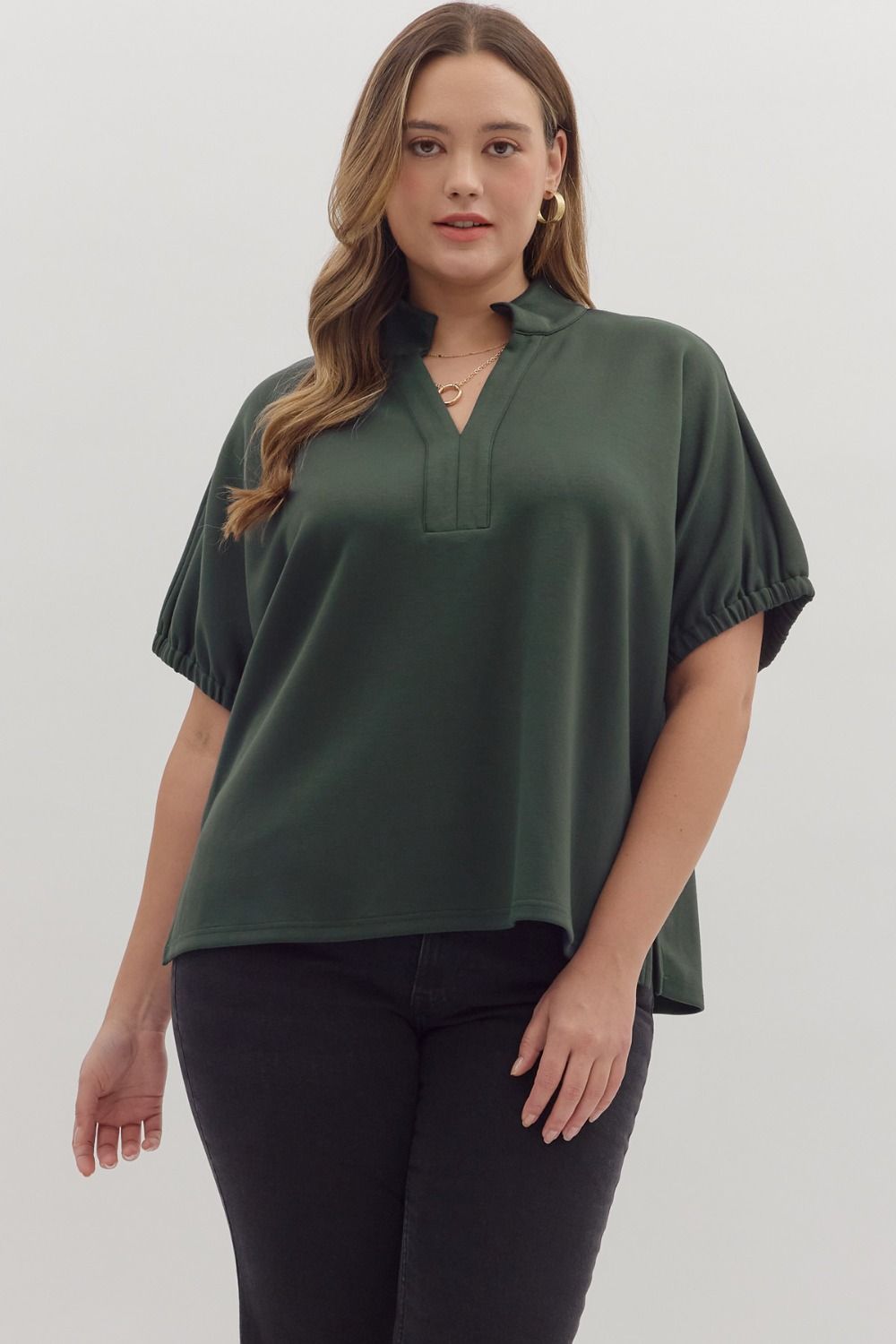 Forest Green Short V-neck Collar Band Top