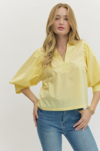 Poplin Quarter Sleeve V Neck Top-Saturday Steal