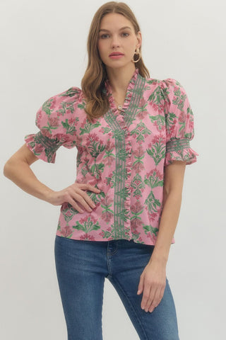 Pink and Green Floral Ruffle Collar Top