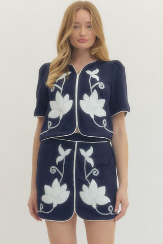 Navy Floral Applique Embroidery Skort Set