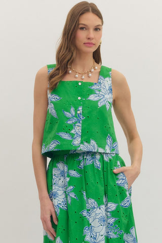 Green Floral Eyelet Top