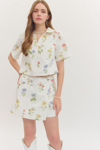 Botanical Print Denim Skort