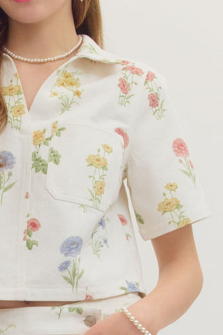 Botanical Print Short Sleeve Cropped Top