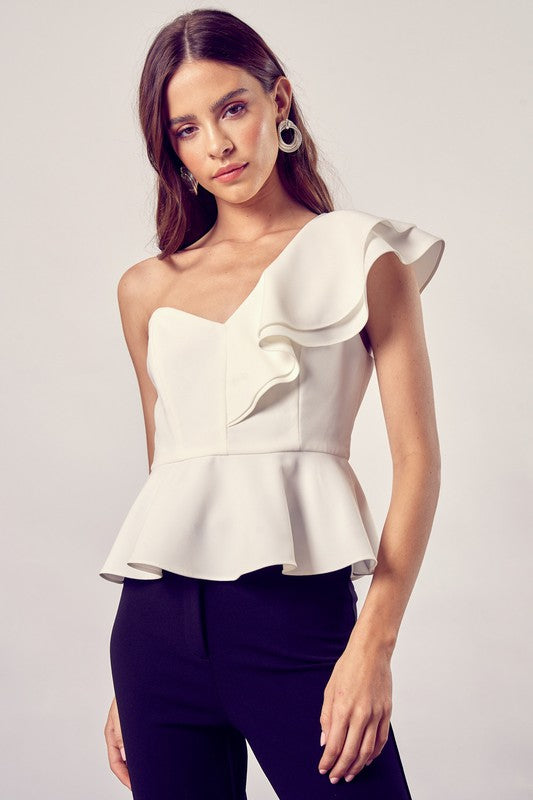 One shoulder ruffle peplum top Off White