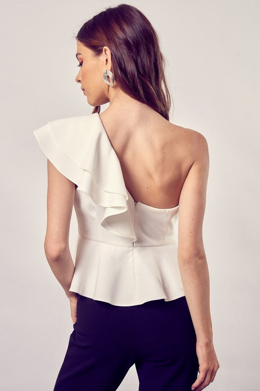 One shoulder ruffle peplum top Off White